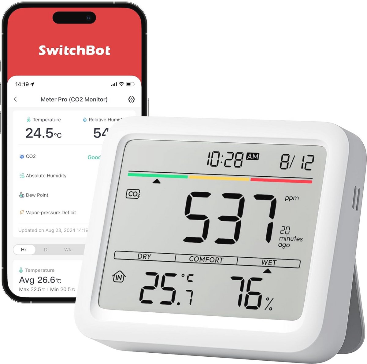 Binnenluchtkwaliteitsmeter CO2 Detector met App - Temperatuur- en Luchtvochtigheidsmonitor voor Thuis