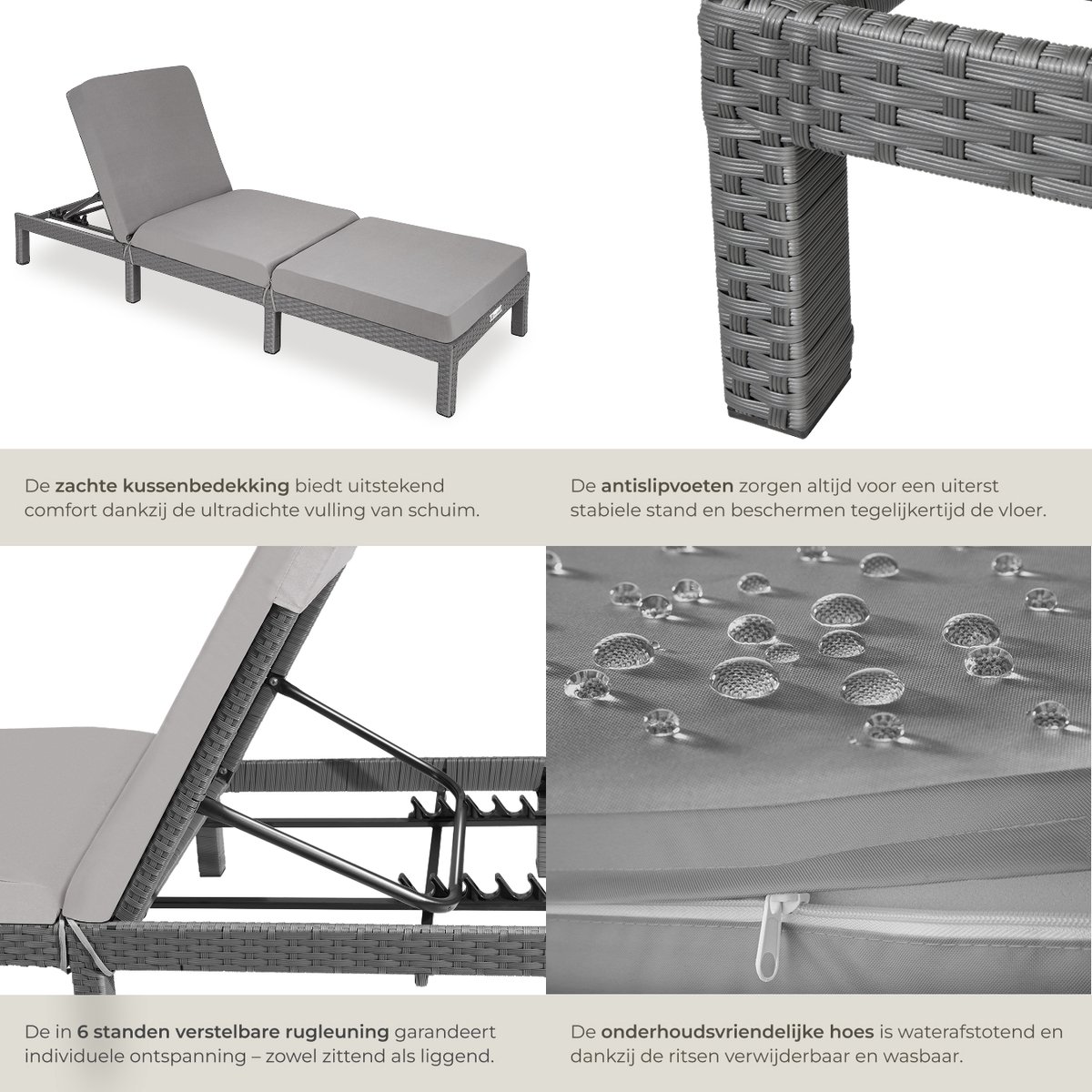 tectake® - Luxe wicker tuinligstoel met 5 verstelbare rugleuningposities, comfortabele vulling en stijlvol design, stabiel stalen frame, onderhoudsvriendelijk, voor tuin, terras, zwembad - grijs — afbeelding 5