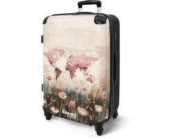 NoBoringSuitcases.com NoBoringSuitcases.com® - Koffer groot - Rolkoffer lichtgewicht dames - Wereldkaart - Roze - Bloemen - Reiskoffer met 4 wielen - Reizen