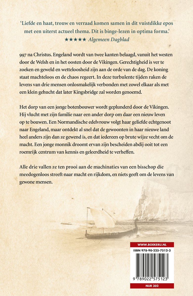 Achterflap van het boek 'De schemering en de dageraad' met een afbeelding van een langsschip in de zee voor een klif met een kasteel.