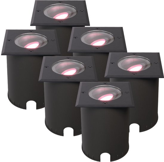 HOFTRONIC SMART HOFTRONIC - Set van 6 Cody Smart Grondspots XL Zwart - Vierkant - Kantelbaar - RGB + WW - GU10 5,5W 345 Lumen - Smart Home tuinverlichting