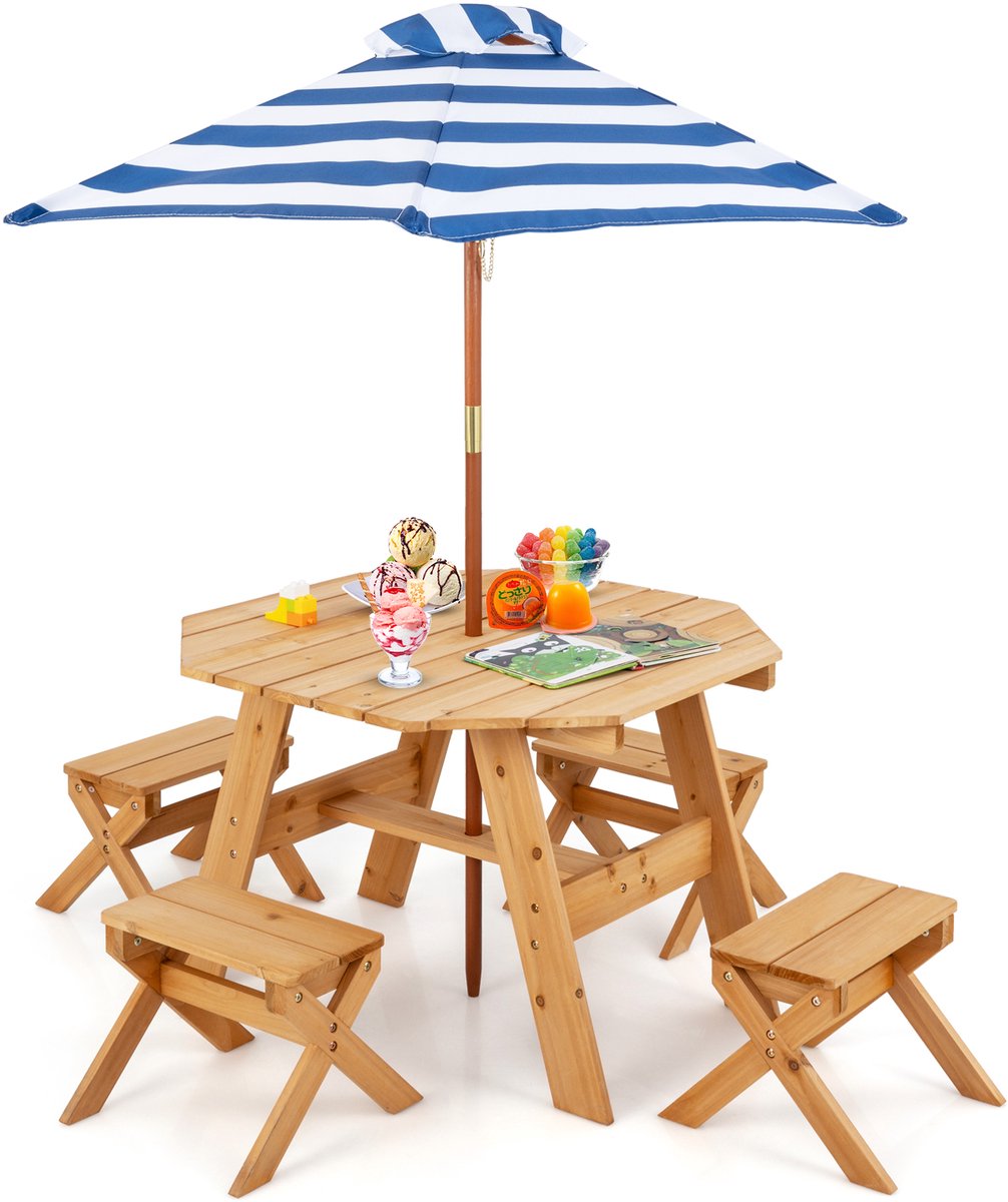 COSTWAY Kinderzitgroep voor buiten, picknicktafel met 4 stoelen en parasol, houten zitset, zitgroep, tuinmeubelen voor tuin, achtertuin, terras