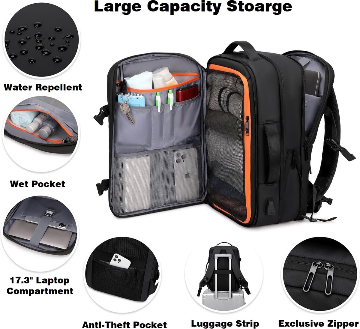 SUMOH® Rugtas Rugzak voor School Reizen Werk laptop Cabin Bag 45x36x20 Nieuwe Easyjet 17 Inch Antidiefstal Hand Bagage Hand Bagage Goedgekeurd Carry On Bag Holiday Flight Bag Backpack Trending Waterafstotend Waterdicht Zakelijk school vakantie Zwart – foto 2