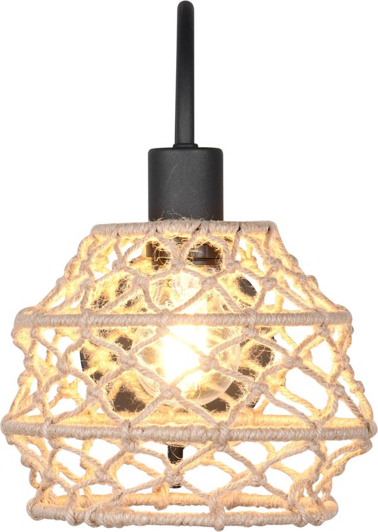 Zwarte metalen armatuur met kap van naturel touw in macramé-stijl, E27 lamp zichtbaar.