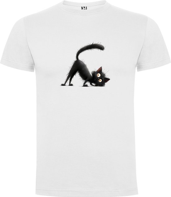 Wit T-Shirt met “De funny Zwarte Kat - Humor“ Print Full Color Maat 2XL