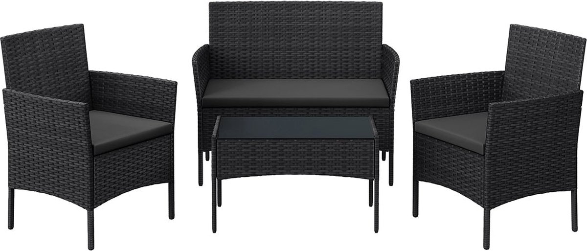 4-delige tuinmeubelset - terrasstoel - rotan bank - tafel van gehard glas - VFT-kussens - gegalvaniseerd metalen frame - bruin taupe - 30 kg - 99 cm x 54,5 cm x 81,5 cm
