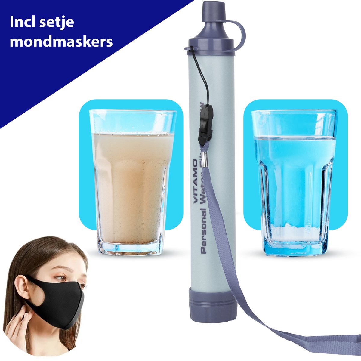 Vitamo™ Original Personal Water Filter Straw - Complete set - Waterfilter - Waterfles - Outdoor life - Survival - BPA-vrij - Noodpakket - Filtert 1500L - Voordeelset incl Setje Mondmaskers