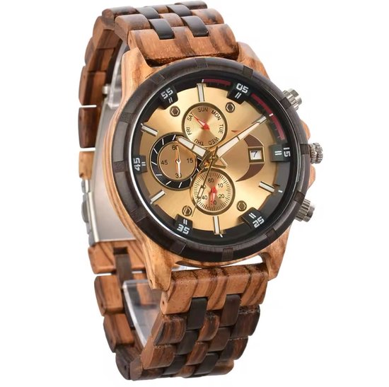 Emibele Houten herenhorloge, stijlvolle chronograaf met datumweergave, militair kwartshorloge, 3 sub-wijzerplaten, handgemaakt, casual, lichtgewicht, lichtgevend horloge, cadeau voor mannen, familie