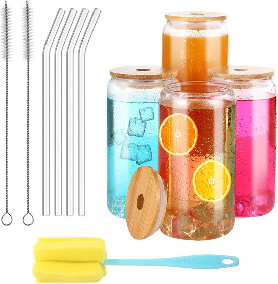 WELLGRO Drinkglazen set kleurrijk met deksel en rietje 500 ml incl