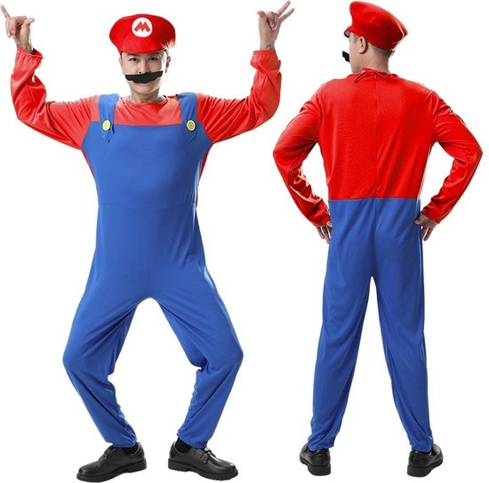 Voor- en achterkant van een mannenkostuum, geïnspireerd op Mario. Rood shirt met blauwe tuinbroek en rode pet met M.