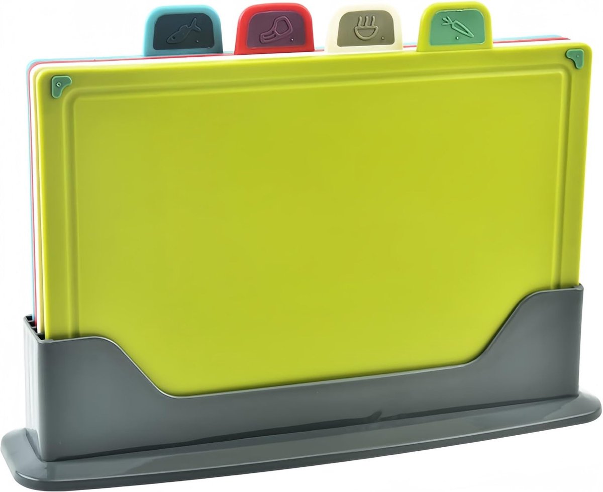 La'Moussawi ® Set van 4 Antislip Kunststof Snijplanken met Kleurcodering en Opbergstandaard voor Keuken