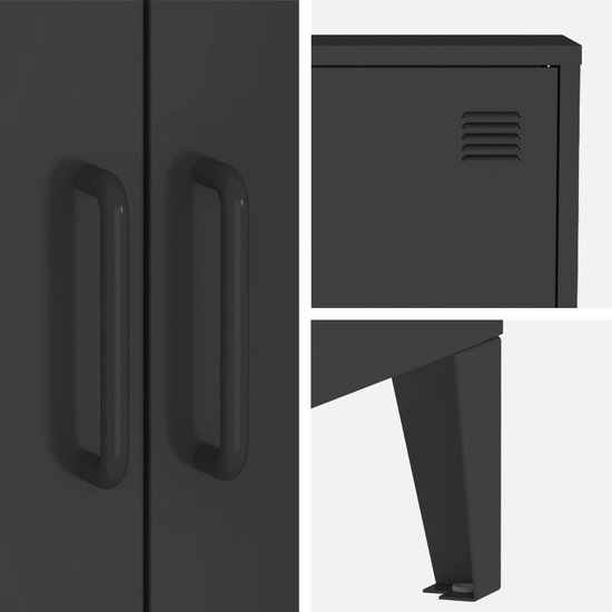 Armoire métallique noire à deux portes, chacune avec une poignée rectangulaire. Détails des aérations et des pieds.