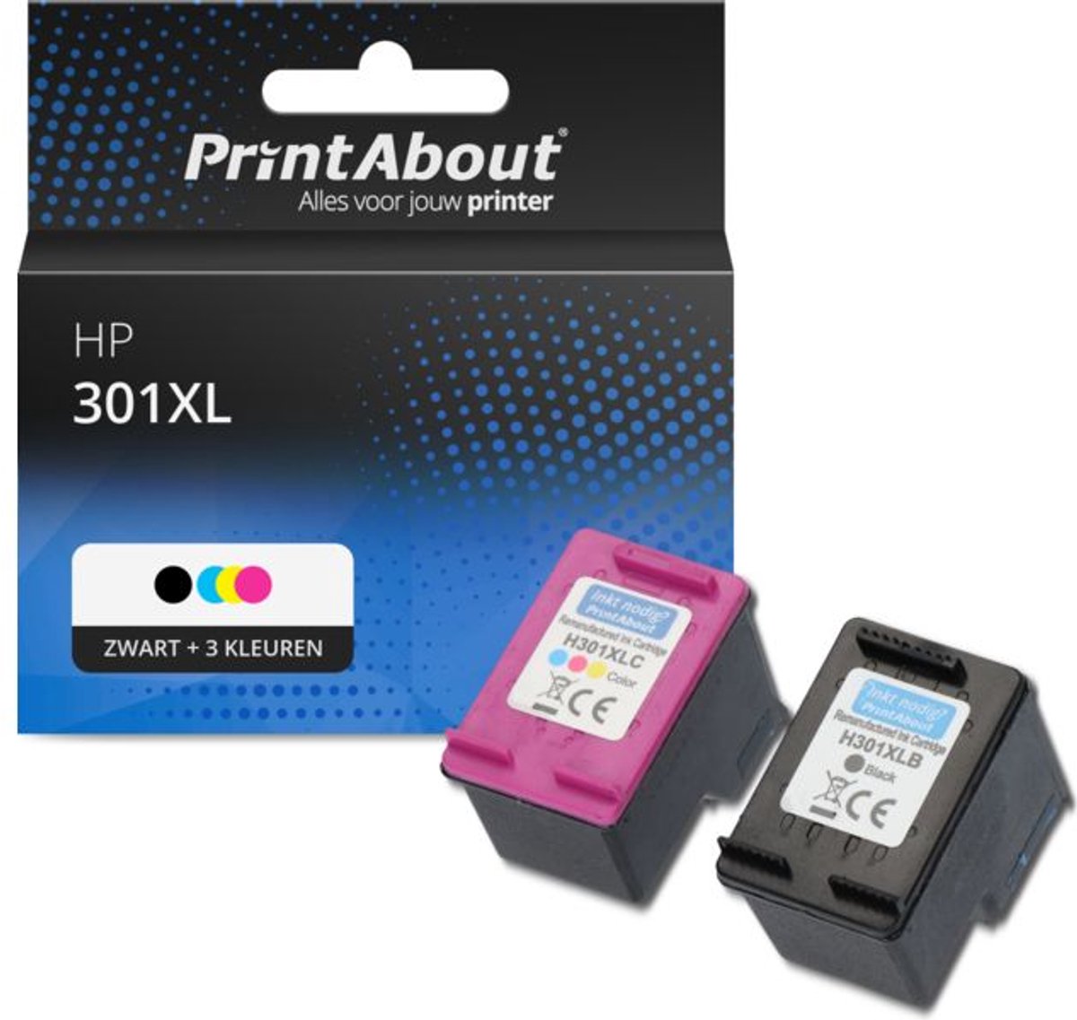 PrintAbout - Inktcartridge / Alternatief voor de HP 301XL / Zwart + 3 Kleuren
