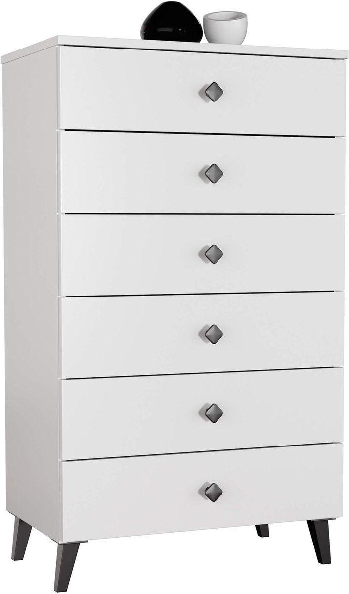 Akord Nachtkastje MOBI met 6 Lades / AKORD Furniture Factory / Wit met Zwarte Handgrepen / 60 x 104 x 37 cm