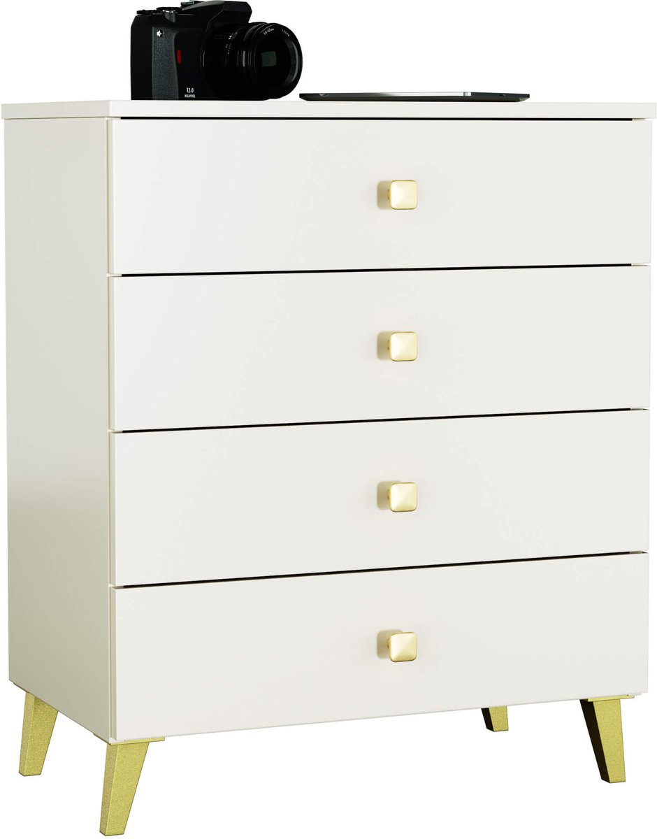 Nachtkastje MOBI Kasjmier met 4 Lades / AKORD Furniture Factory / Kasjmierkleur met Gouden Handvatten / 60 x 73 x 37 cm