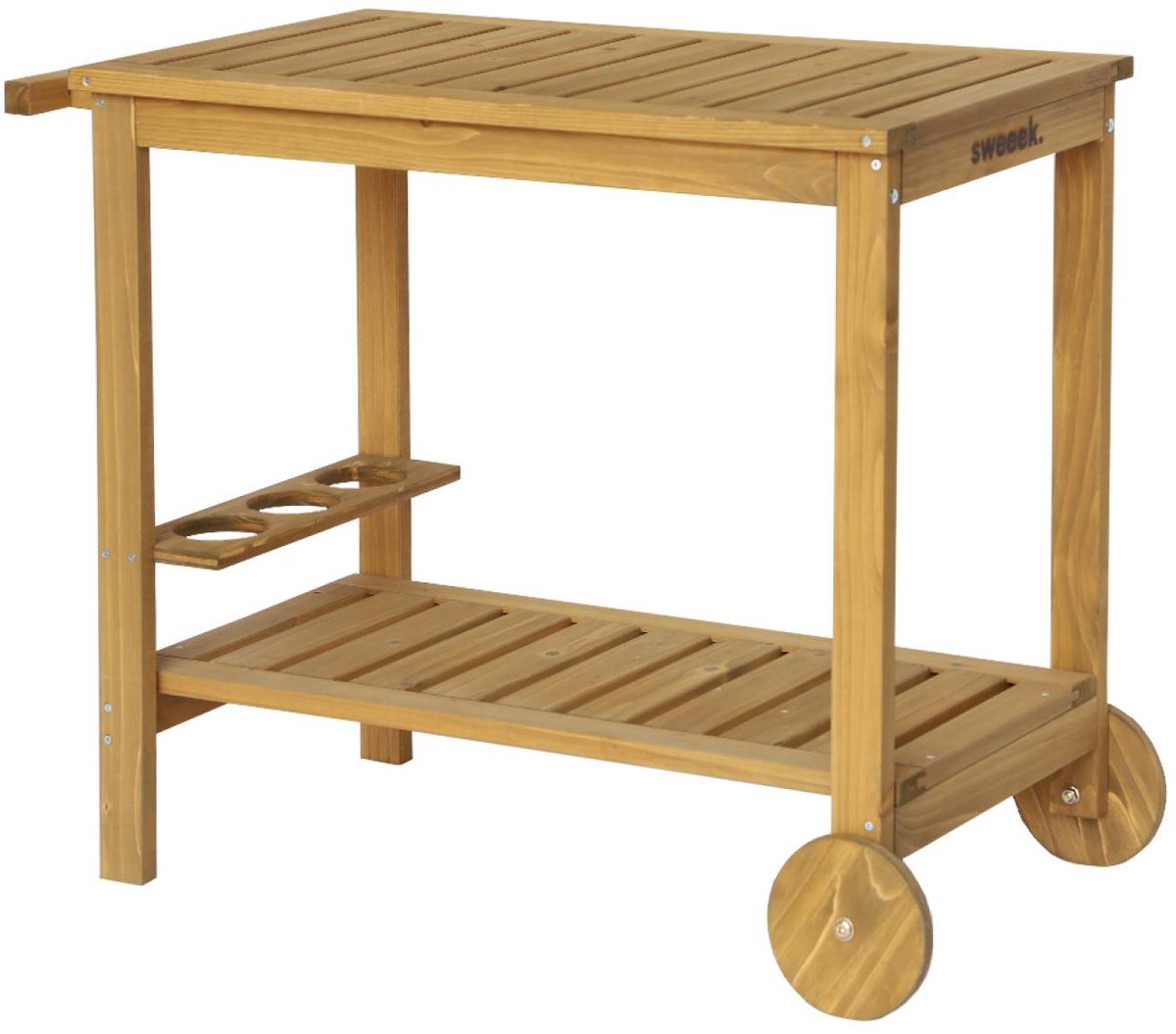sweeek - 95 cm houten keukentrolley met wielen en handvat, natuurlijk hout, l 95 x b 47 x h 74cm