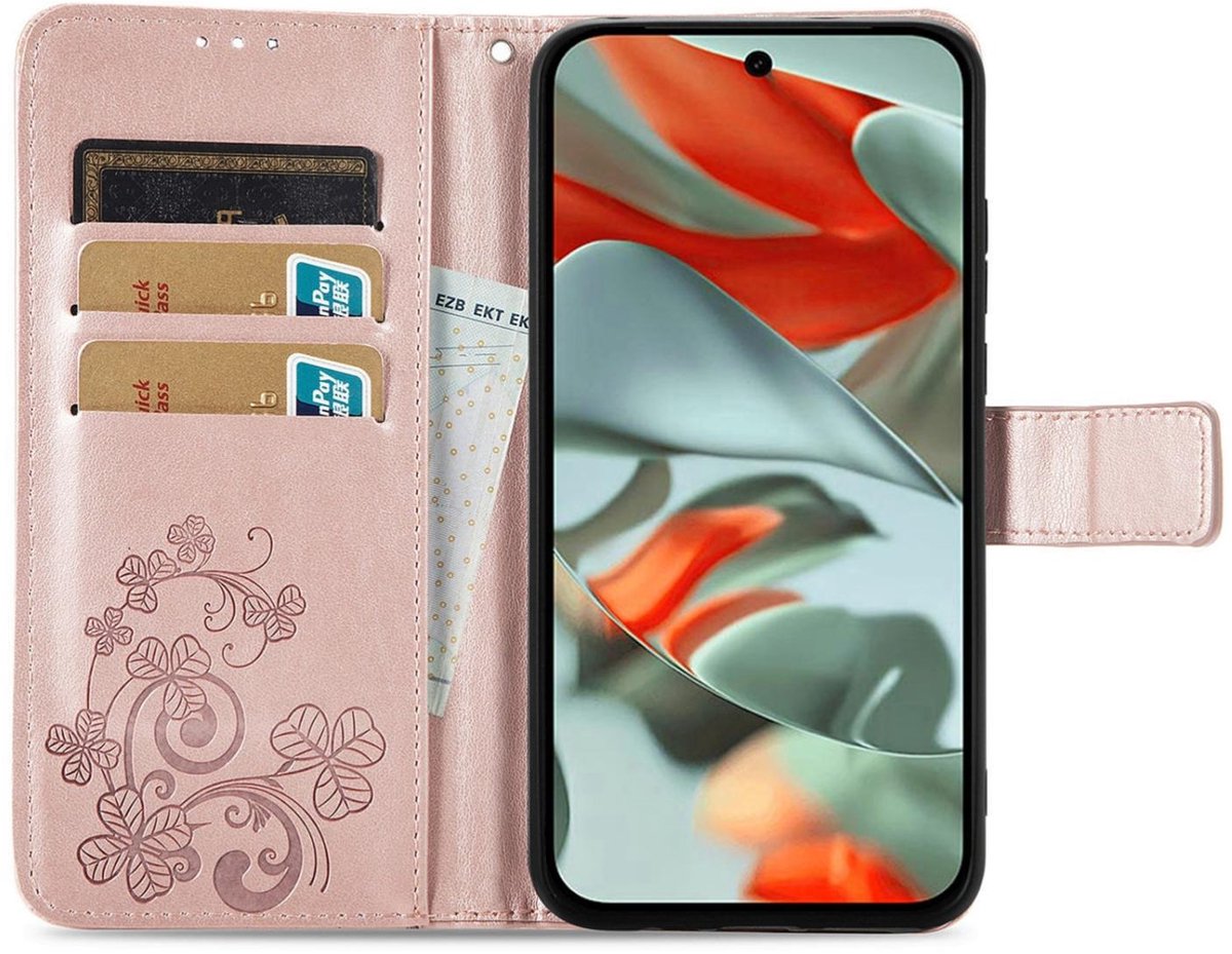 Mobigear Telefoonhoesje geschikt voor Google Pixel 9 Pro XL Hoesje | Mobigear Clover Bookcase Portemonnee | Pasjeshouder voor 3 Pasjes | Telefoonhoesje voor Pinpas / OV Kaart / Rijbewijs - Roségoud