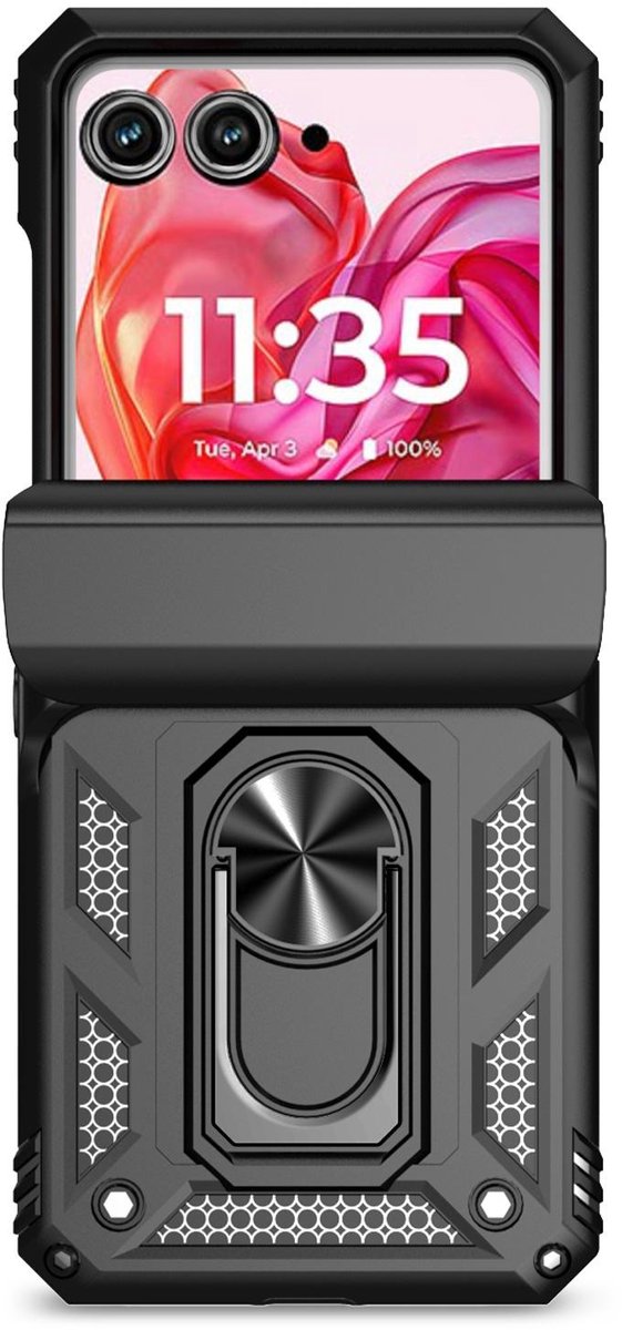 Mobigear Hoesje geschikt voor Motorola Razr 50 Telefoonhoesje Hardcase | Mobigear Armor Ring Backcover Shockproof met Ringhouder | Schokbestendig Razr 50 Telefoonhoesje | Anti Shock Proof - Zwart