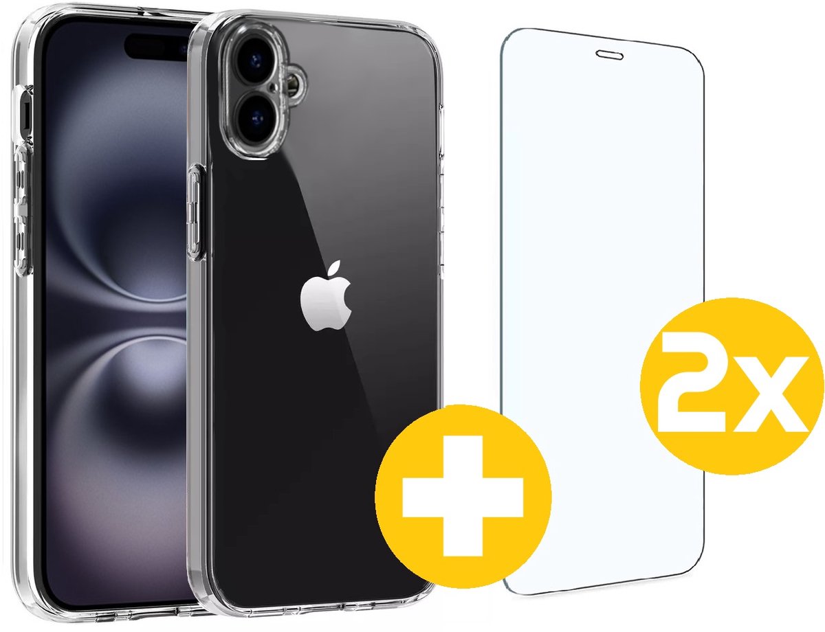 Hoesje en Screenprotector Combi Geschikt Voor iPhone 16 - Transparant Hoesje + 2x Screenprotector