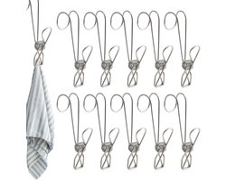 Set van 10 - Lange staarthaak - 9 cm lang - Badkamer - Handdoekhaak - Haak - Keukenhaakframe - Metalen clip - Metalen wasknijper - Zakclip - Deur of balkon - Multifunctionele stoffen clip - Zilver - Roestvrijstalen wasknijper - Metalen wasknijpers