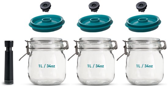 Set de Bocaux à conserves sous vide Kilner ® & Airtender – 1,0 L – 3 pièces avec pompe à vide – Conserve la fraîcheur 5 fois plus longtemps, fermentation et conservation plus rapides