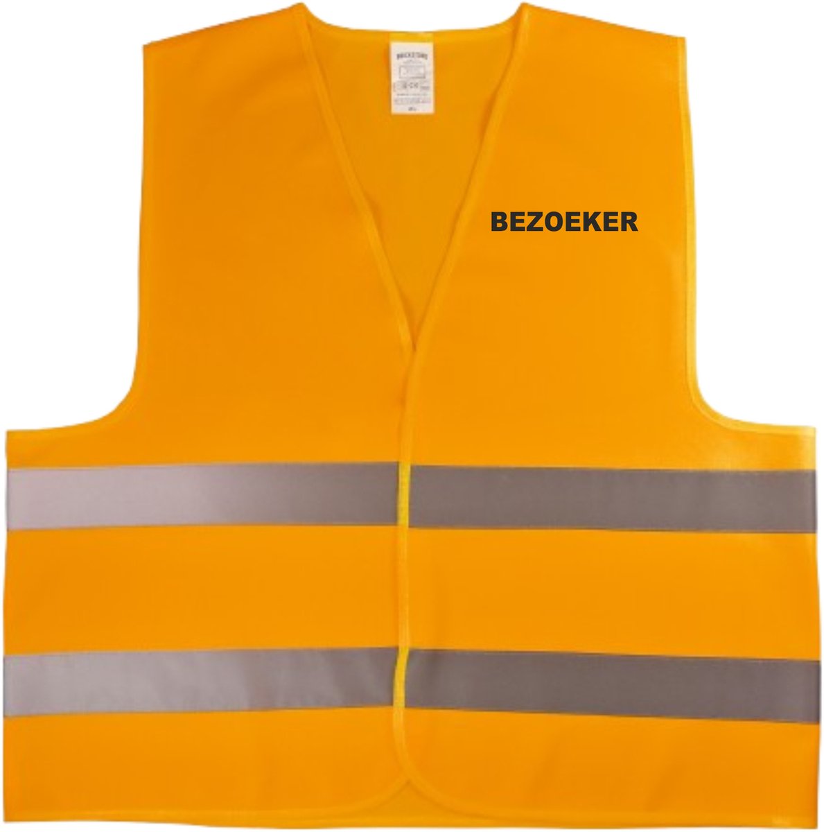 Hesje BEZOEKER fluor oranje met reflectiestrepen bedrukt aan voor en achterzijde met BEZOEKER van Shirtmakelaar