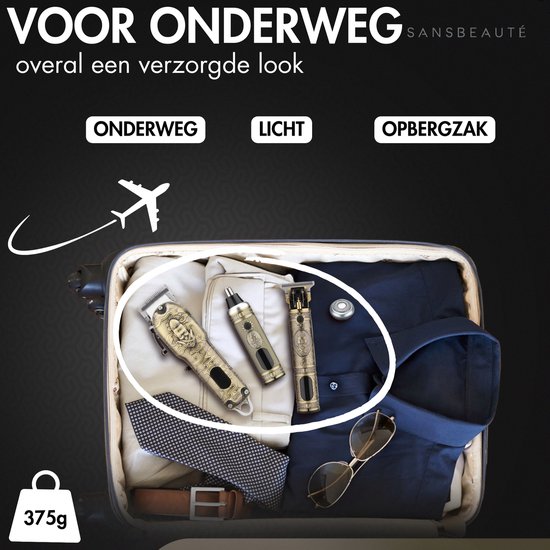 Sansbeauté tondeuse set in een koffer, klaar voor op reis. Bevat tondeuse, neustrimmer en kleine trimmer.