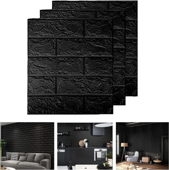 Panneaux muraux autocollants - 10 pièces autocollants briques amovibles - motif cuisson 3D - salon chambre - 35 x 385 cm noir.