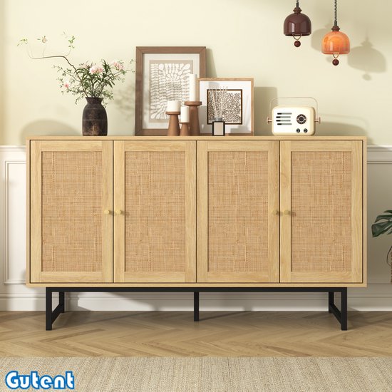 Buffet Gutent - 140 x 39,5 x 80 cm - Rotin tressé - 4 Portes - Bois