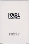Boîte Karl Lagerfeld Eau de Parfum 85 ml. Logo noir sur boîte blanche.