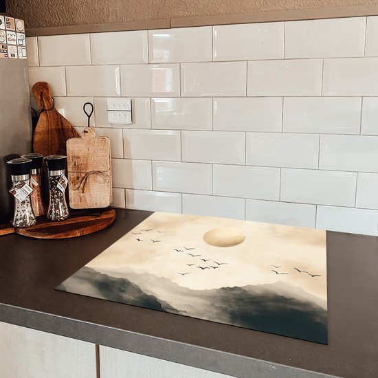 KitchenYeah® Protection plaque induction 60x52 cm - Paysage - Japandi - Oiseaux - Protege plaque de cuisson - Couvre plaque induction - Protecteur d'induction - Cuisine