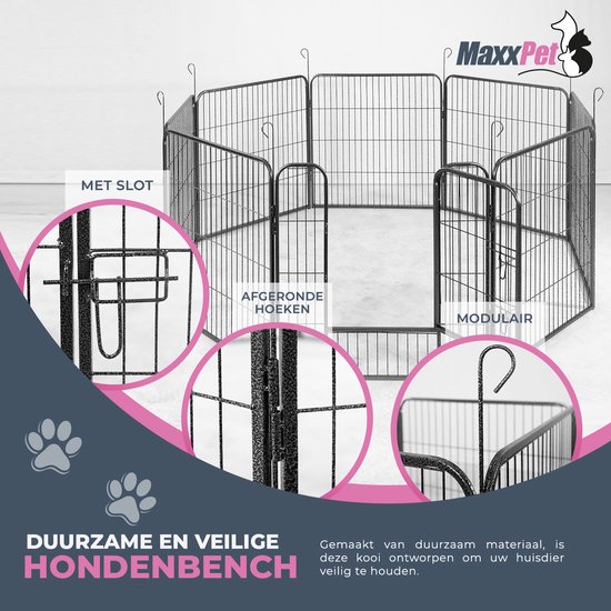 MaxxPet Puppyren - Hondenbench - Hondenren- Puppyren met 8 kennelpanelen - Staal -80 x 80 cm Ø 210 cm