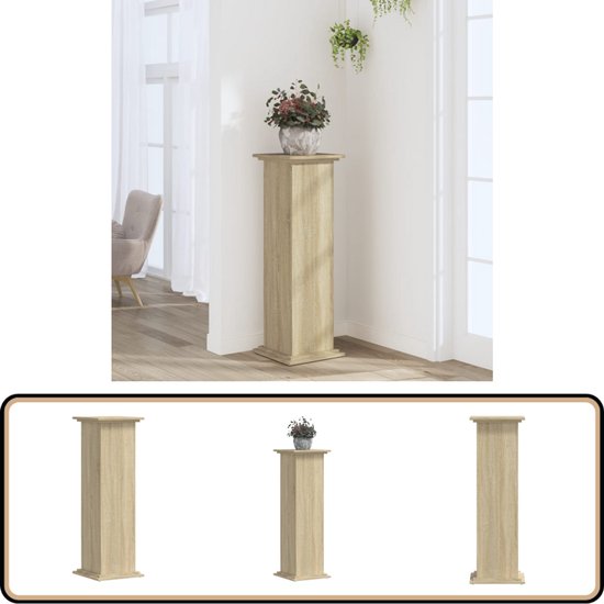 Vue d'ensemble du pied de plante en bois couleur chêne sonoma dans un salon, avec des gros plans.