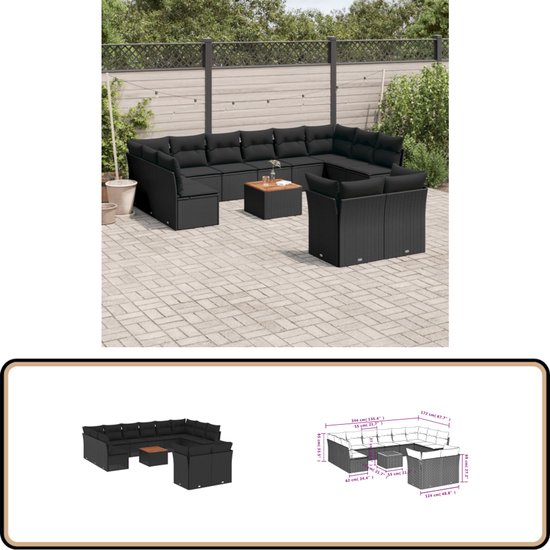 vidaXL-13-delige-Loungeset-met-kussens-poly-rattan-zwart