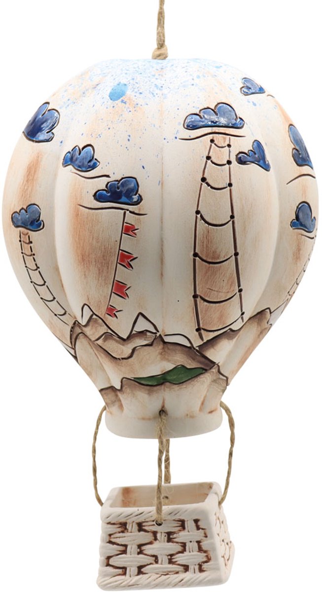 Tuindecoratie luchtballon keramiek Hemels feest 22 cm - handgemaakt en hand geschilderd beeld hangend