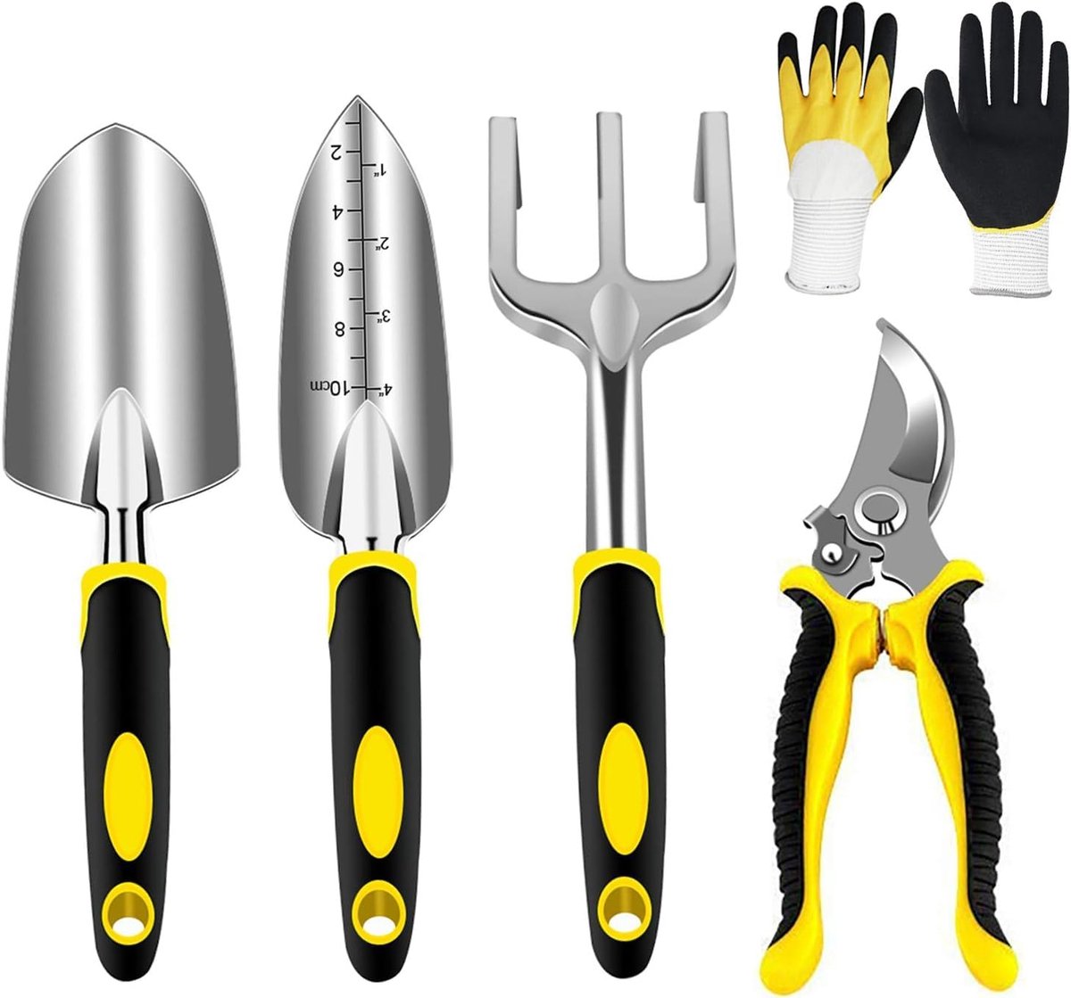 Candala Tuingereedschap van roestvrij staal, tuingereedschapsset met tuinschaar, handtrommel, transplantator, handhark, tuinhandschoenen (750, 5 stuks)