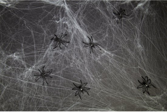 Fond gris avec des toiles d'araignée épaisses et fausses et six araignées noires en plastique.