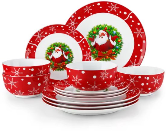 Een 12-delige kerstserviesset met rode borden en kommen, versierd met sneeuwvlokken en afbeeldingen van kerstmannen.