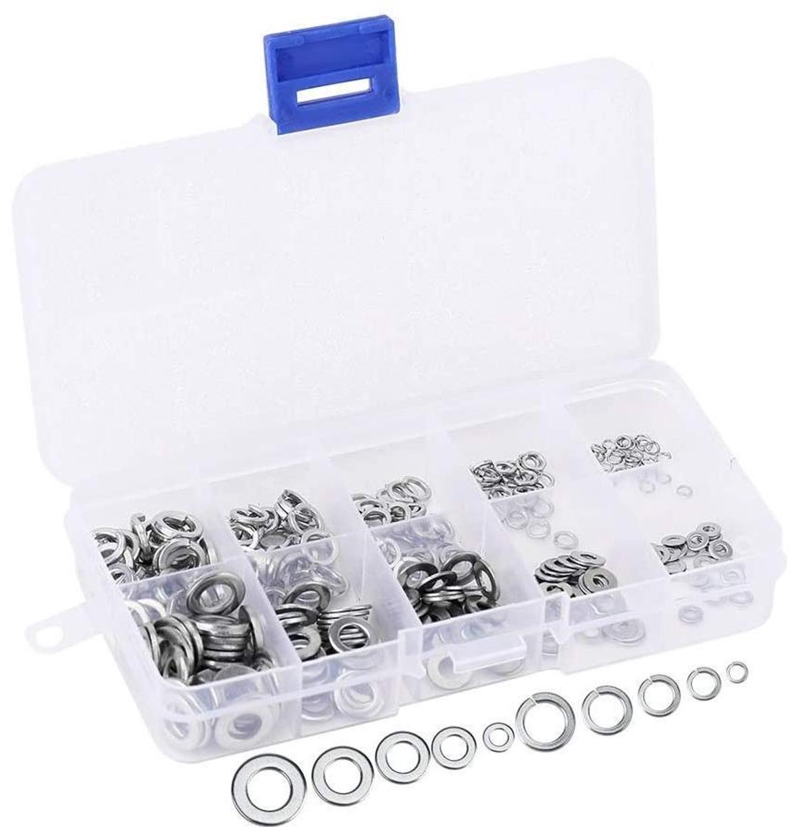 300-delige set roestvrij stalen sluitringen veerspatborden assortimentsset met kunststof behuizing - M2 M3 M4 M5 M6