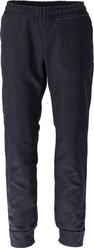 Pantalon de travail bleu foncé avec ceinture élastique, coutures contrastées et ourlet.