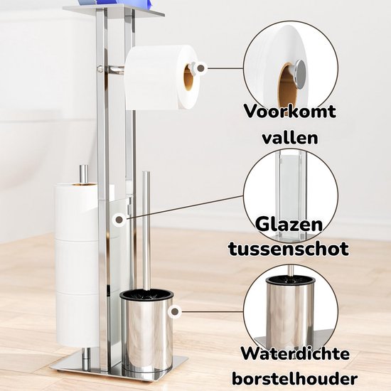 Susswiff Toiletpapierhouder Roestvrij Staal - Staand Met Toiletborstel, 4-in-1