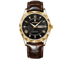 Mpariz Herenhorloge - Lederen Band - Polshorloge - Heren - Horloge - Horlogedoos - Mannen - Goud Zwart - Polsband Bruin