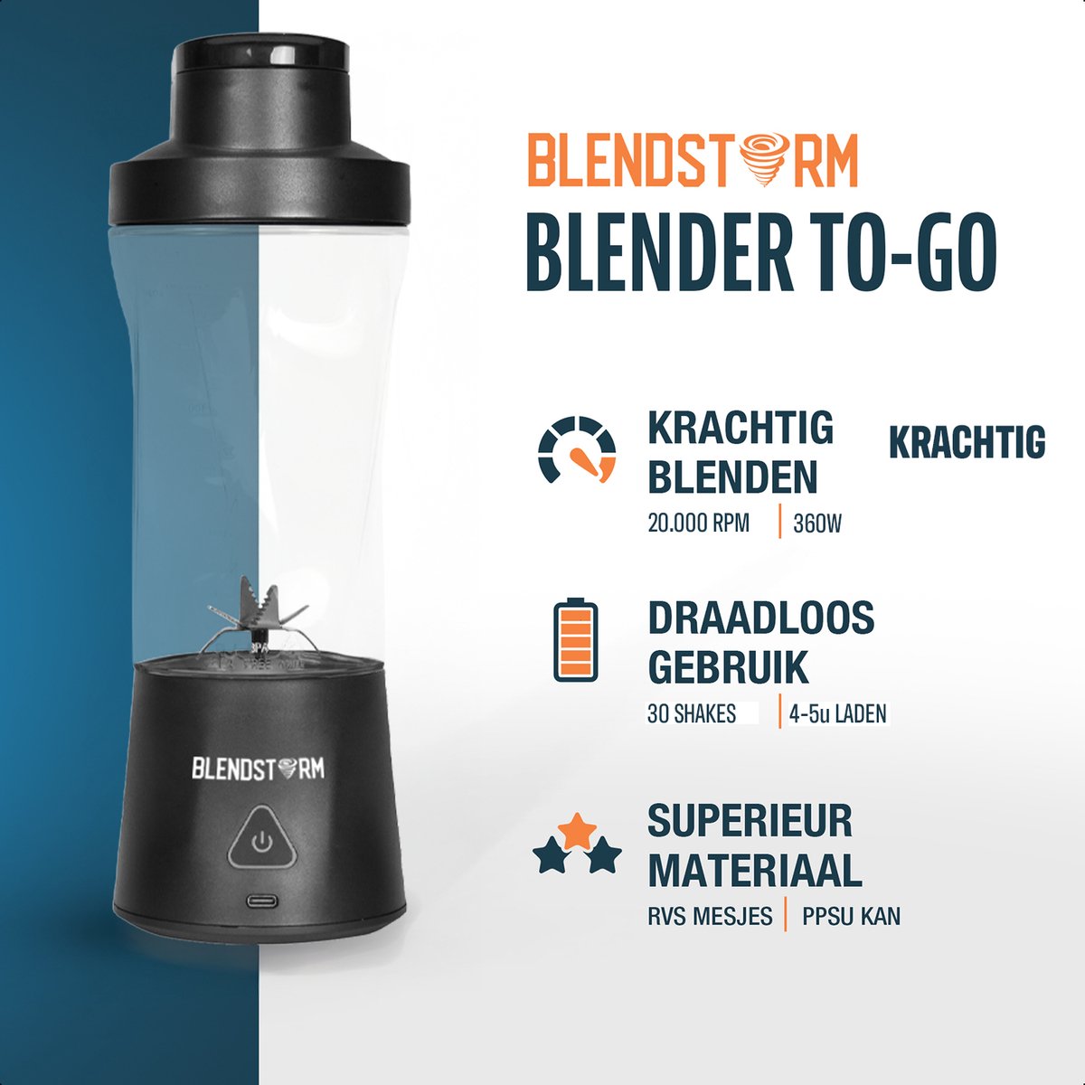 BlendStorm® Draagbare Blender Premium- Draadloze Blender - Draadloos - Blenders - Blender To Go - 6 Mesjes - Mini Blender - Smoothie Maker - Juicer - Keukenmachine - USB Oplaadbaar - 700 ml - Zwart – foto 8