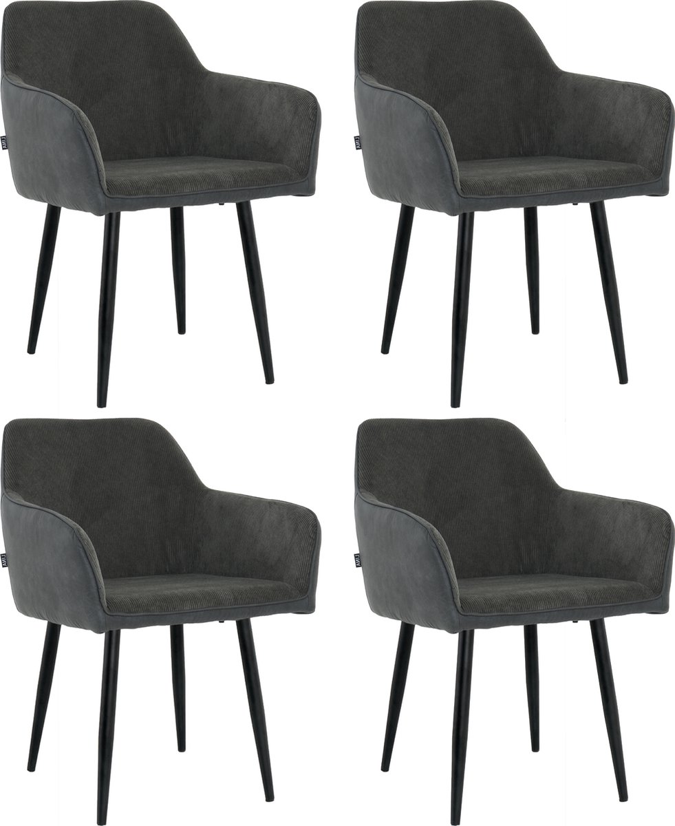 Lina® Tony Eetkamerstoel - Zwart - Set van 4 - Ribstof