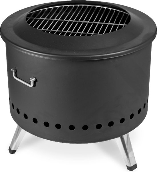 LIVIN' Rookvrije Vuurschaal - Vuurschalen - Vuurkorf - Vuurschaal voor Buiten - Tuinhaarden - Terrasverwarming - 49CM Diameter - Metaal - Met Inklapbare Poten - Op Hout of Palletkorrels - Incl. Grill Rooster - Zwart
