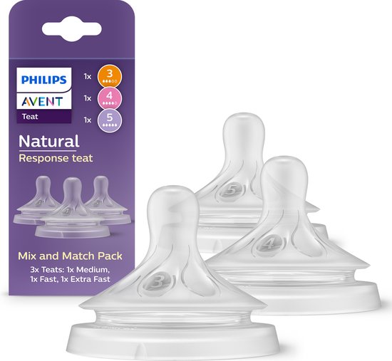 Tétine Philips Avent Natural Response – Mix & Match – Lot de 3 – Moyenne, Rapide et Extra Rapide – Anti-colique – Anti-fuite – Sans BPA – SCY960/03