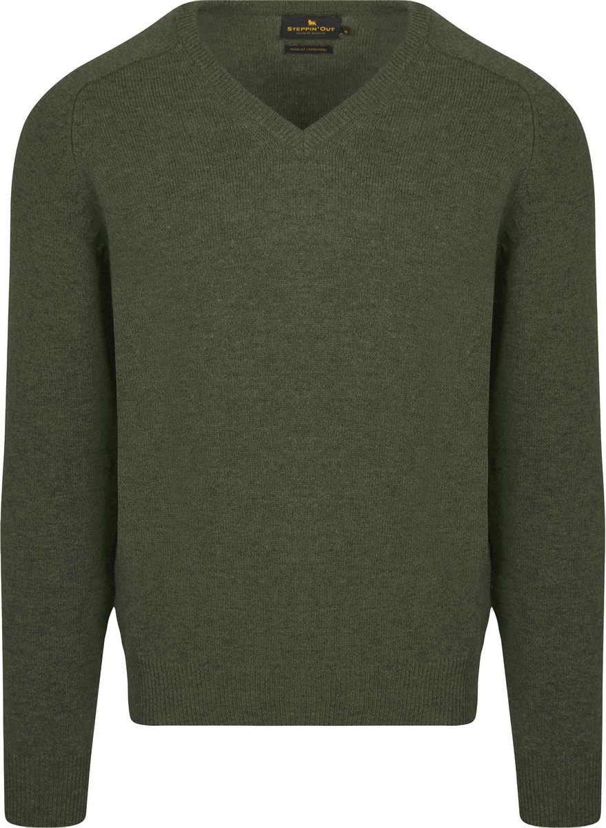 Steppin' Out Trui V-hals Lamswol Olijfgroen - Maat XL - Heren