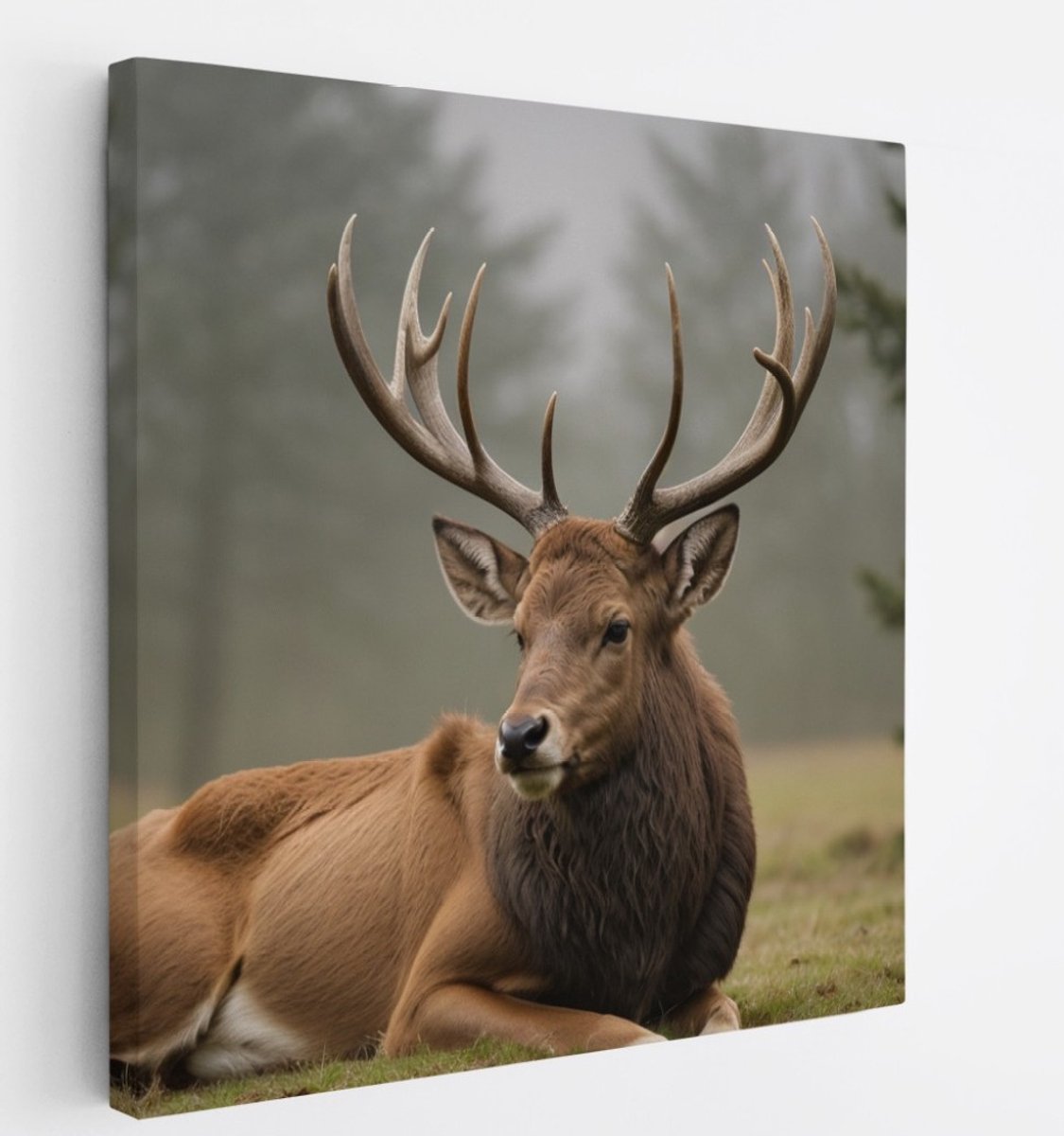 Saammp Canvas Schilderij - Liggend Hert - Natuur - Dieren - 40x40 - Foto op canvas - Wanddecoratie - Muurdecoratie Woonkamer - Slaapkamer decoratie - Canvas Print Multicolor