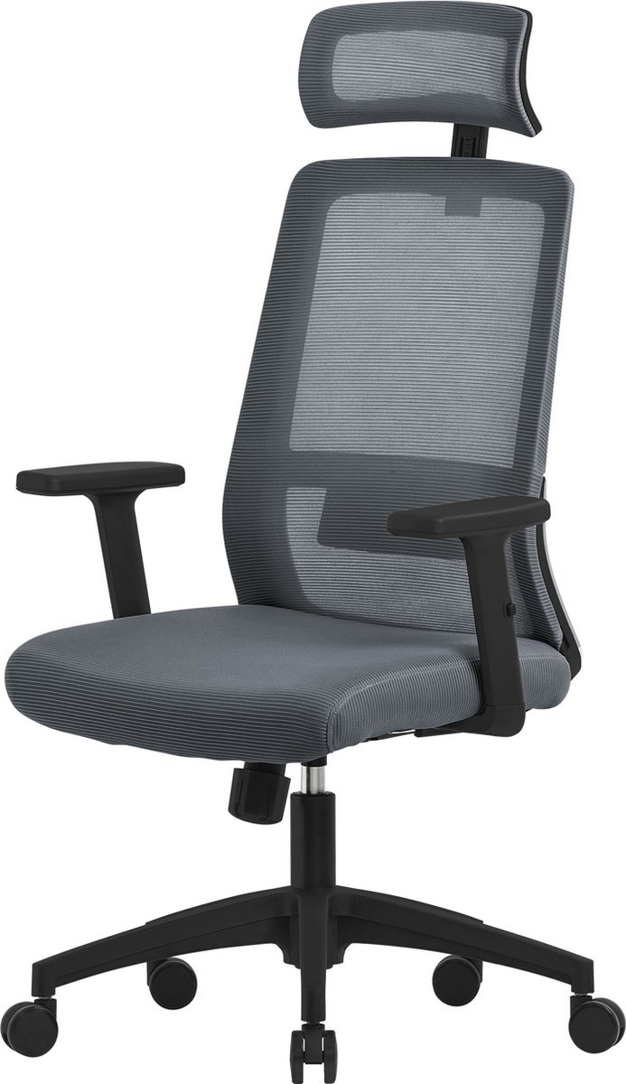 Ergonomische bureaustoel grijs netweefsel met verstelbare armleuningen en hoofdsteun ML design