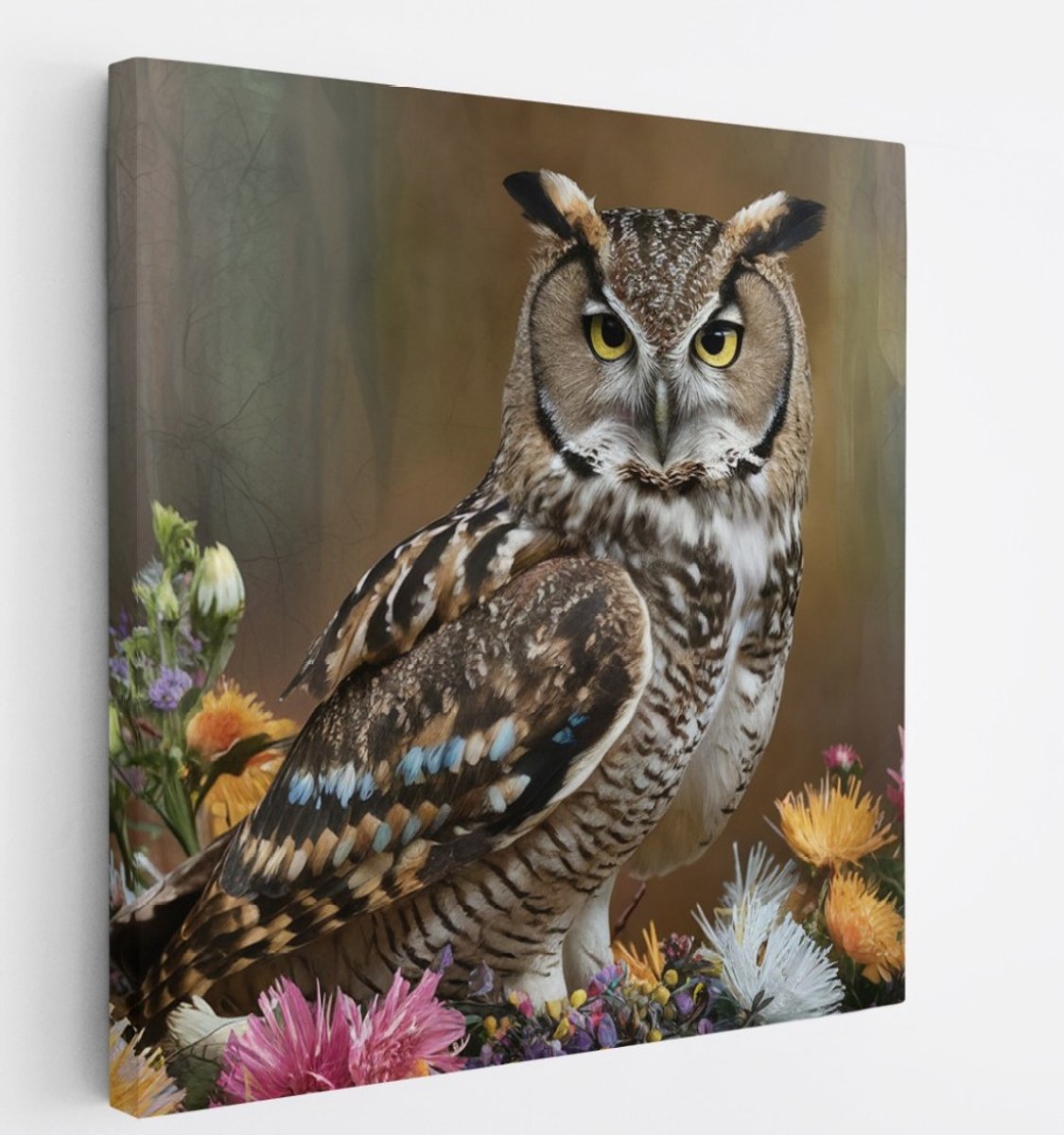 Saammp Canvas Schilderij - Uil tussen kleurrijke bloemen - Dieren - 40x40 - Foto op canvas - Wanddecoratie - muurdecoratie Woonkamer - Slaapkamer decoratie - Canvas Print Multicolor